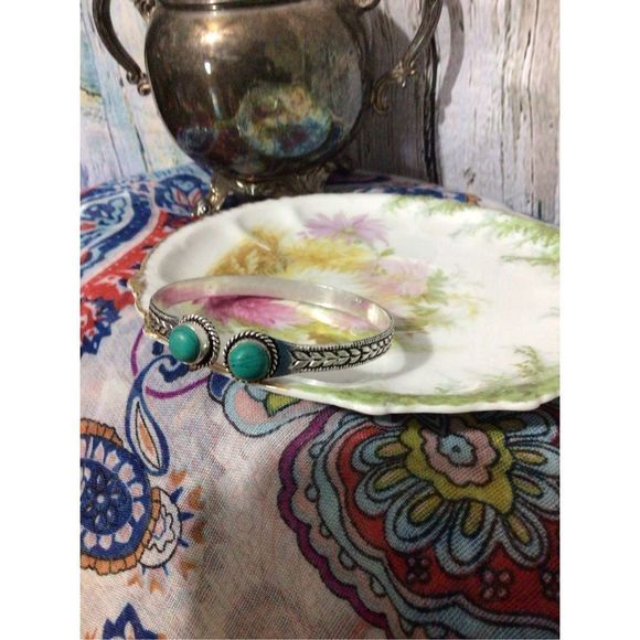 Turquoise SilverPlate Bangle Bracelet Adjustable NEW - Picture 6 of 16